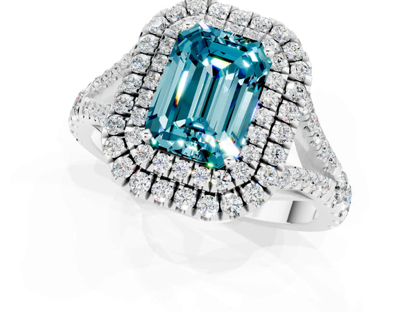 Silver Double Halo Emerald Cut Blue Topaz Pavé Split Shank Ring with Prong Setting
