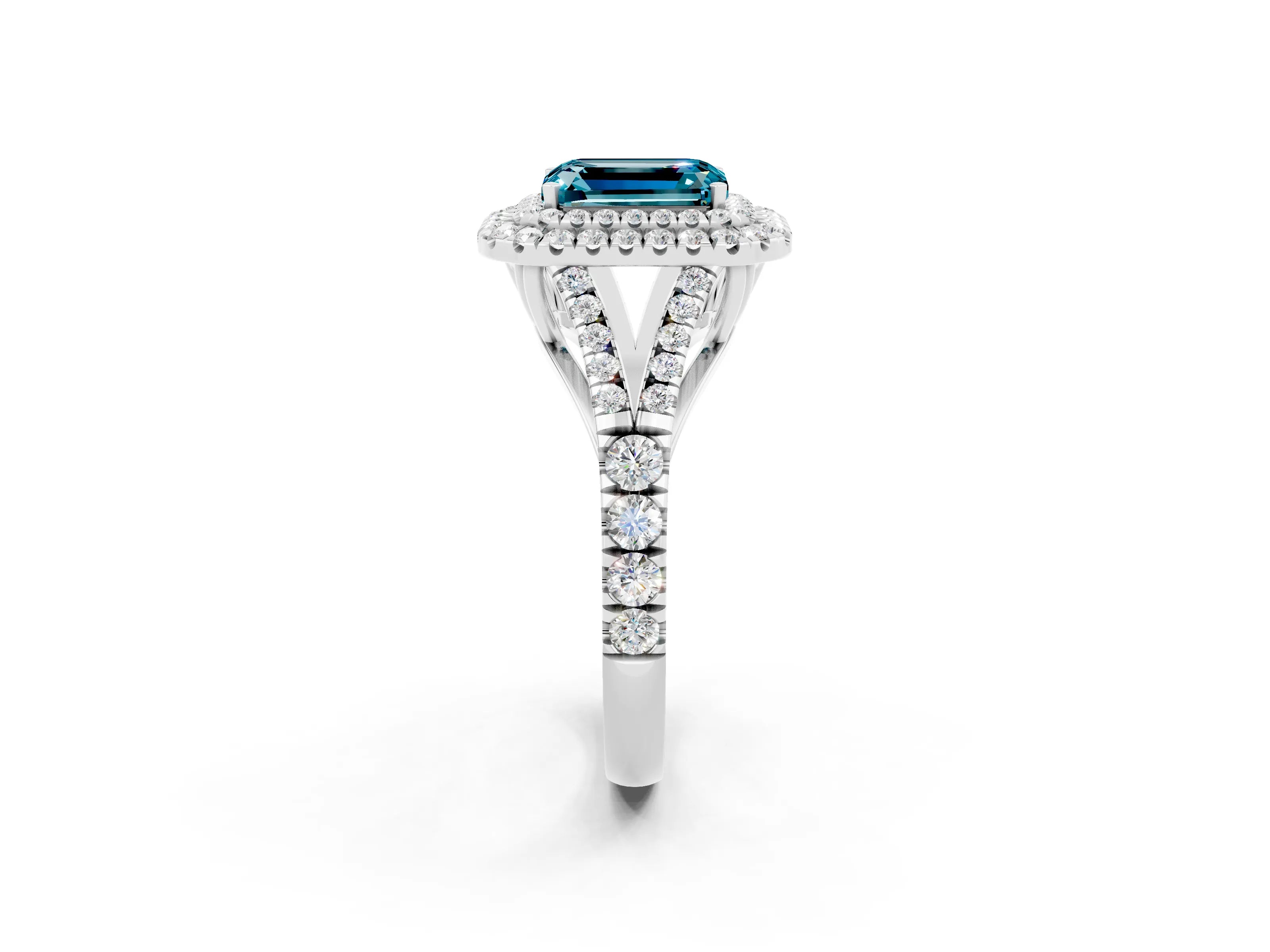 White gold Double Halo Emerald Cut Blue Topaz Pavé Split Shank Ring with Prong Setting_2