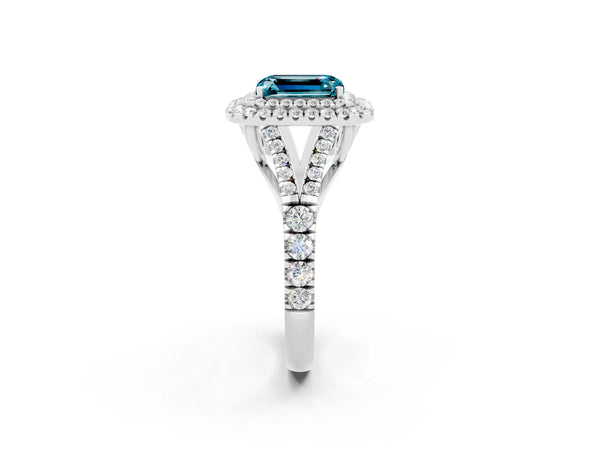 Platinum Double Halo Emerald Cut Blue Topaz Pavé Split Shank Ring with Prong Setting