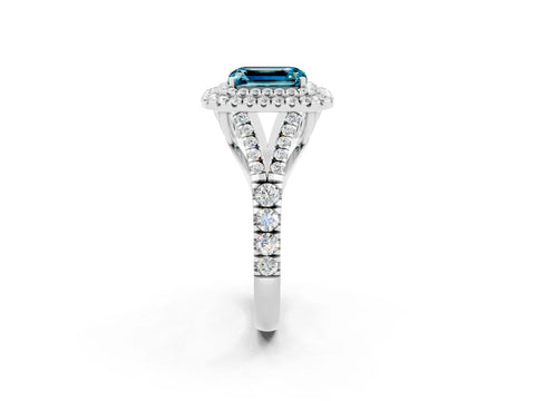 White gold Double Halo Emerald Cut Blue Topaz Pavé Split Shank Ring with Prong Setting_2