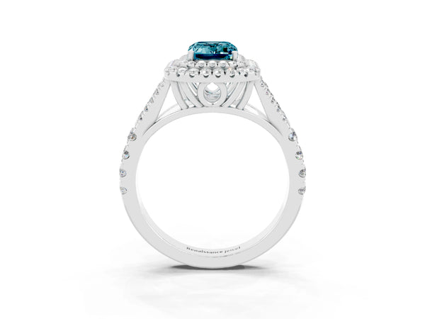 Platinum Double Halo Emerald Cut Blue Topaz Pavé Split Shank Ring with Prong Setting