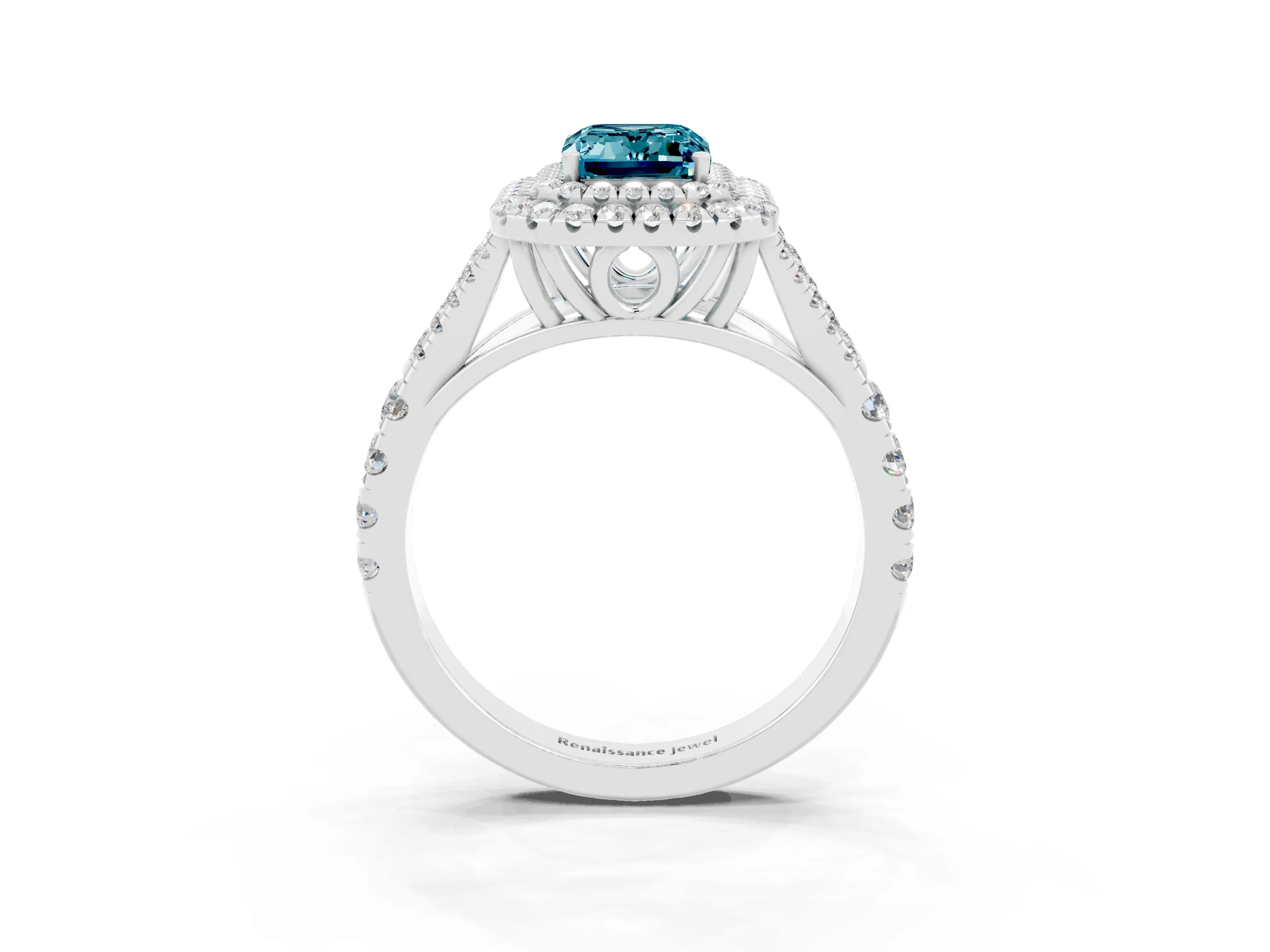 White gold Double Halo Emerald Cut Blue Topaz Pavé Split Shank Ring with Prong Setting_3
