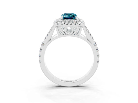 White gold Double Halo Emerald Cut Blue Topaz Pavé Split Shank Ring with Prong Setting_3