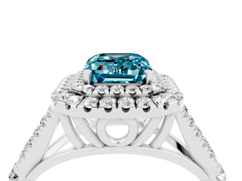 White gold Double Halo Emerald Cut Blue Topaz Pavé Split Shank Ring with Prong Setting_4