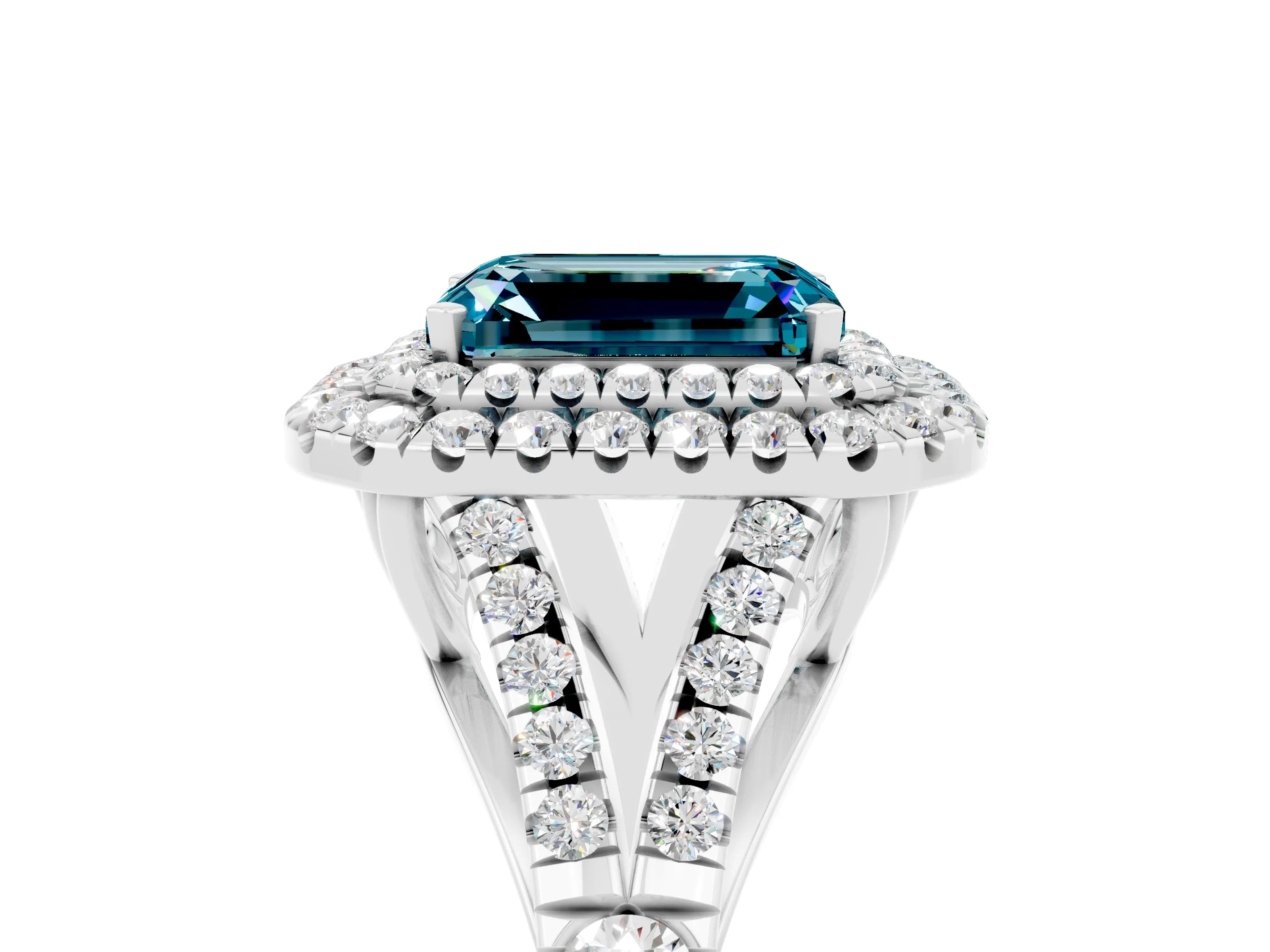 White gold Double Halo Emerald Cut Blue Topaz Pavé Split Shank Ring with Prong Setting_5