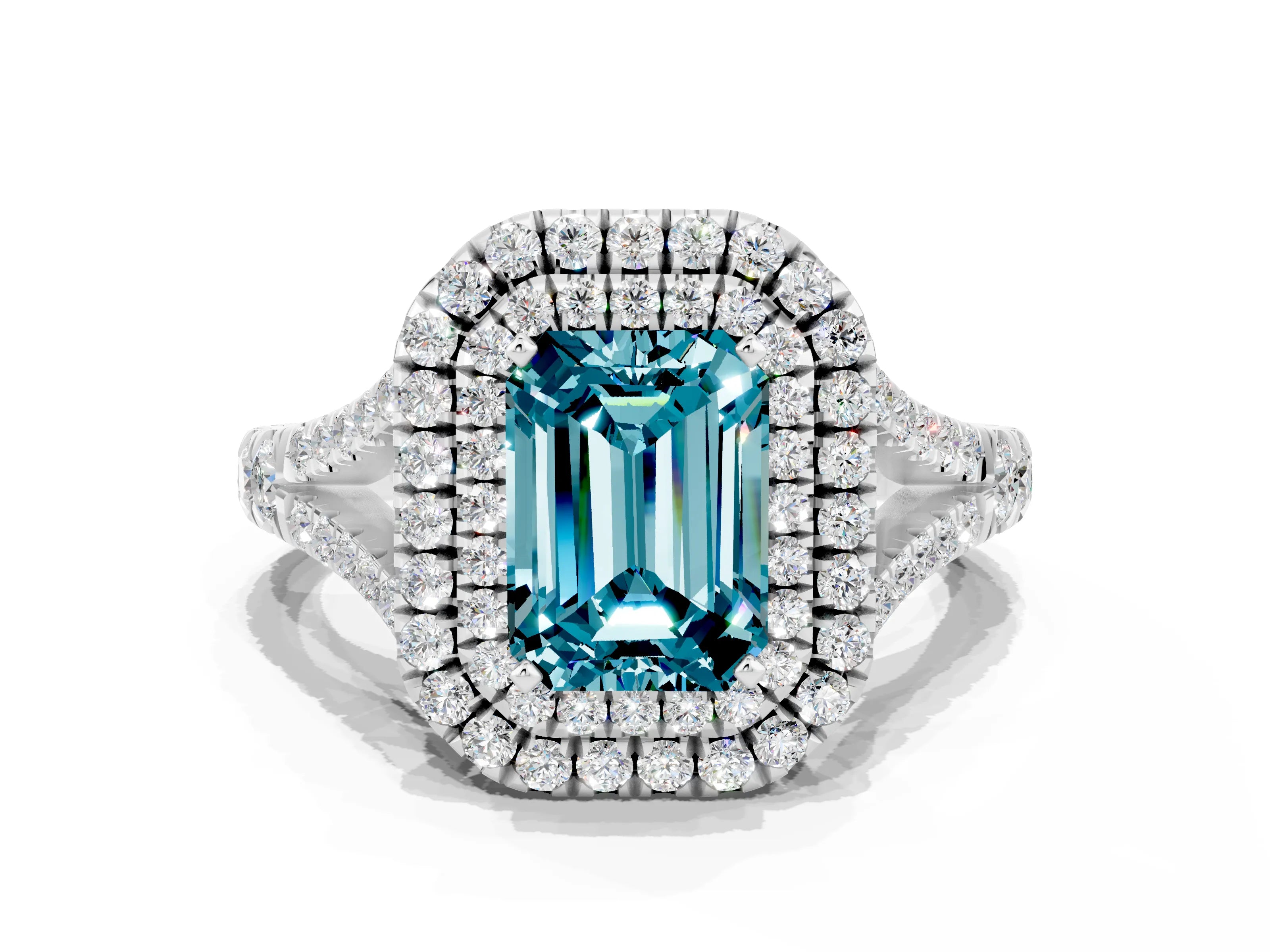 White gold Double Halo Emerald Cut Blue Topaz Pavé Split Shank Ring with Prong Setting