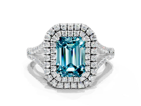 White gold Double Halo Emerald Cut Blue Topaz Pavé Split Shank Ring with Prong Setting