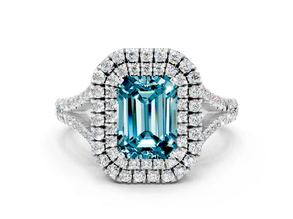 Platinum Double Halo Emerald Cut Blue Topaz Split Shank Engagement Ring with Four-Prong Setting