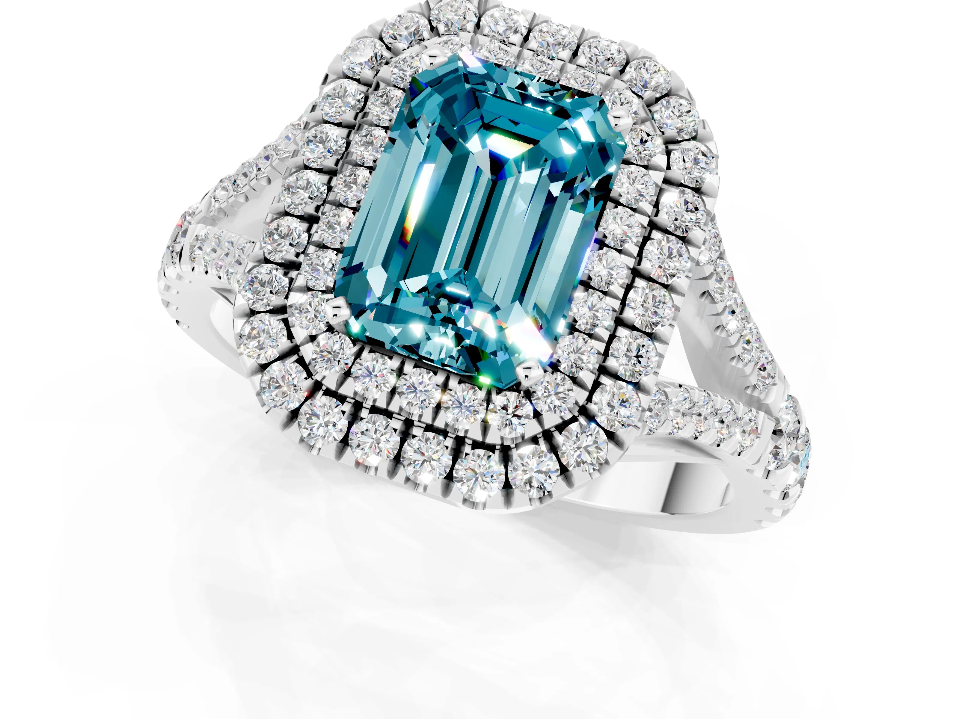 White gold Double Halo Emerald Cut Blue Topaz Split Shank Engagement Ring with Four-Prong Setting_1