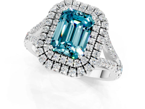 White gold Double Halo Emerald Cut Blue Topaz Split Shank Engagement Ring with Four-Prong Setting_1