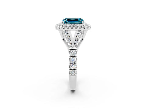 White gold Double Halo Emerald Cut Blue Topaz Split Shank Engagement Ring with Four-Prong Setting_2