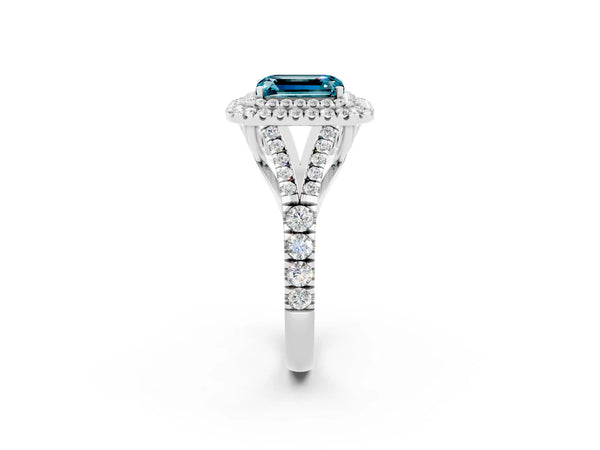 White gold Double Halo Emerald Cut Blue Topaz Split Shank Engagement Ring with Four-Prong Setting