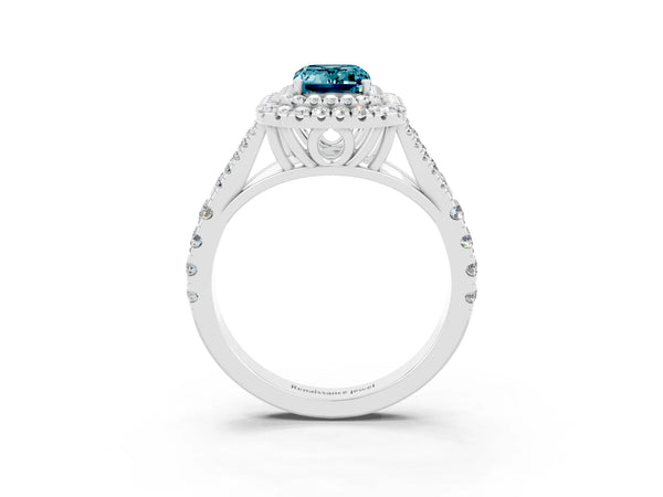 Platinum Double Halo Emerald Cut Blue Topaz Split Shank Engagement Ring with Four-Prong Setting