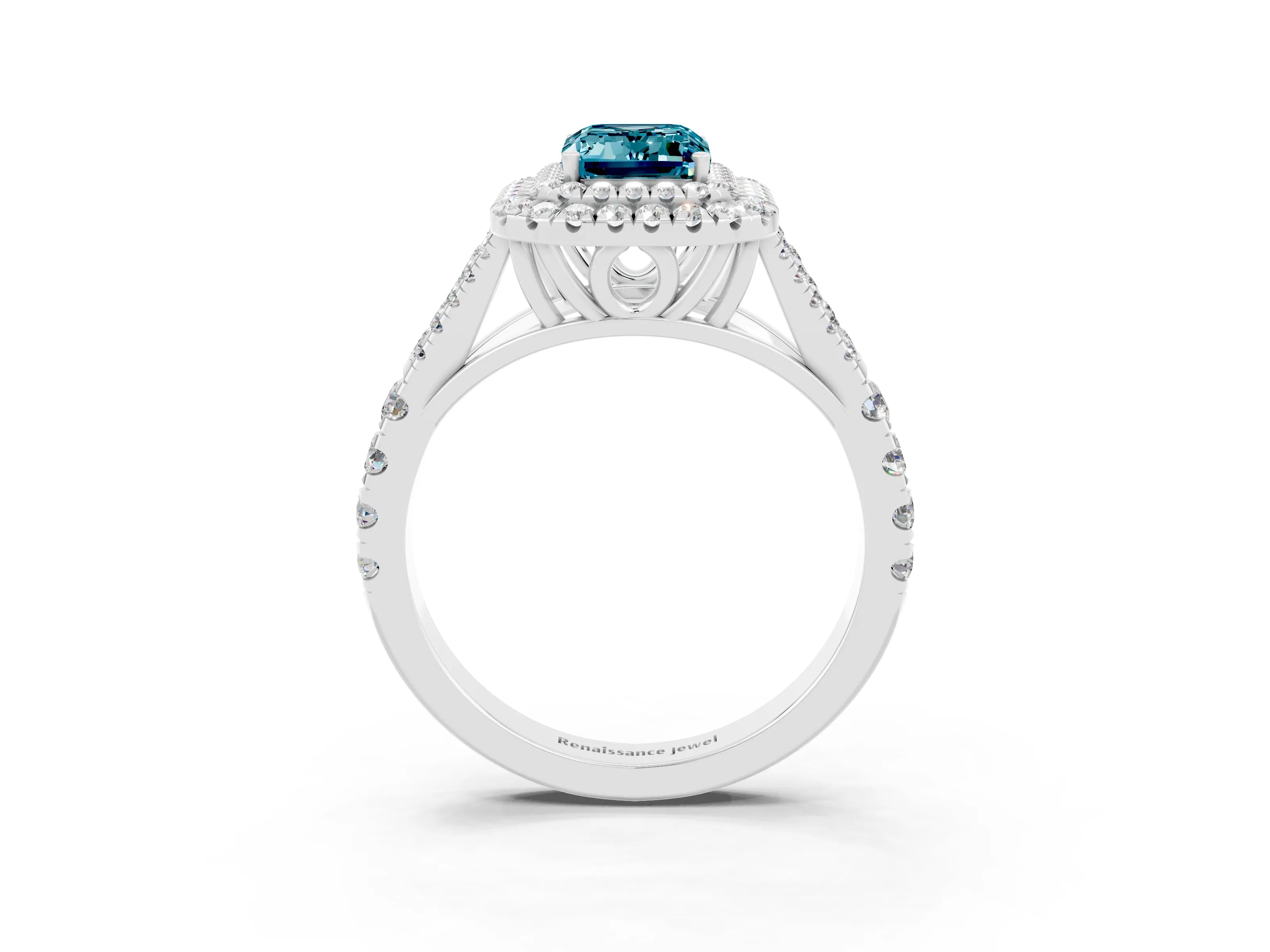 White gold Double Halo Emerald Cut Blue Topaz Split Shank Engagement Ring with Four-Prong Setting_3