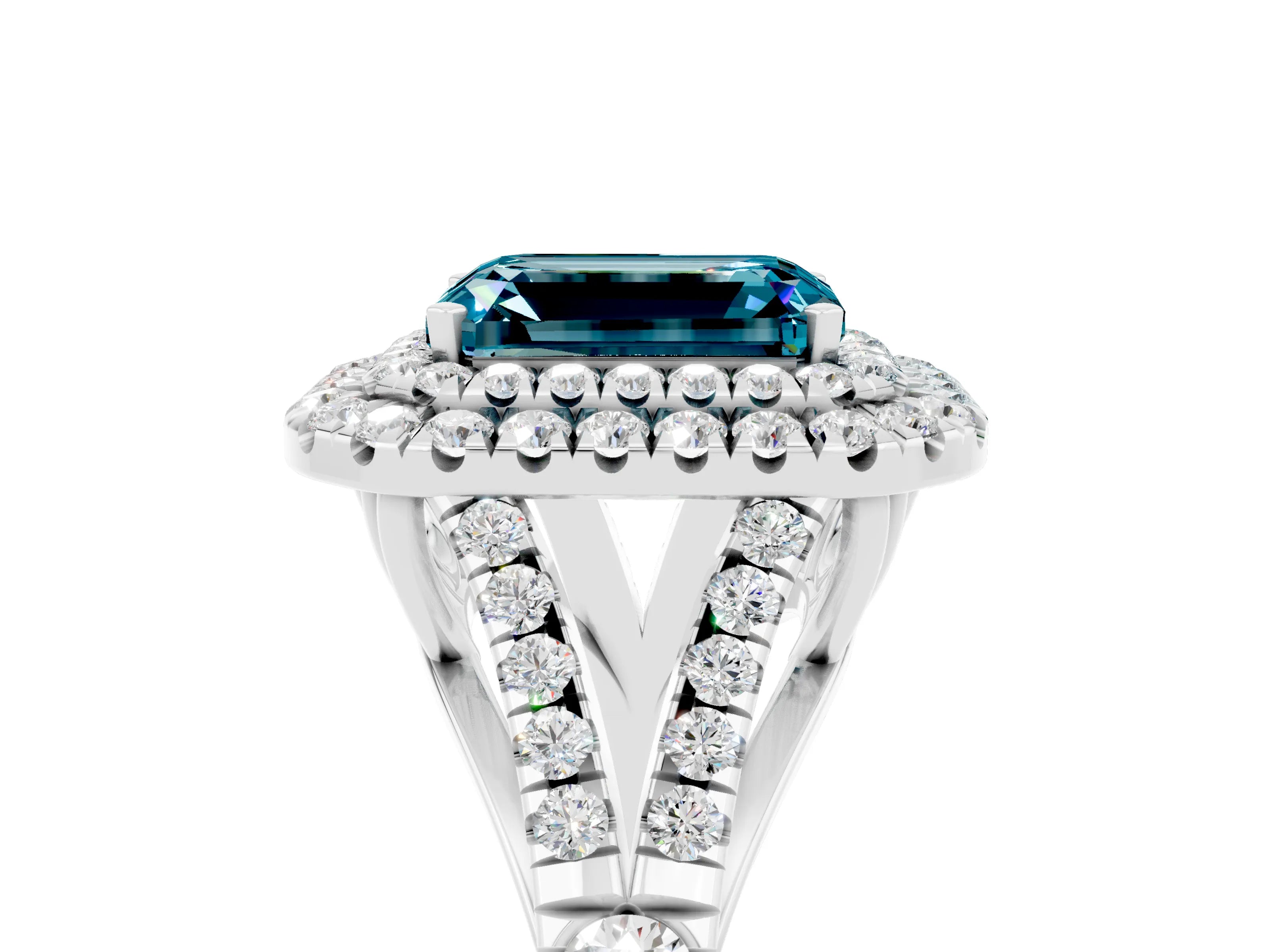 White gold Double Halo Emerald Cut Blue Topaz Split Shank Engagement Ring with Four-Prong Setting_5