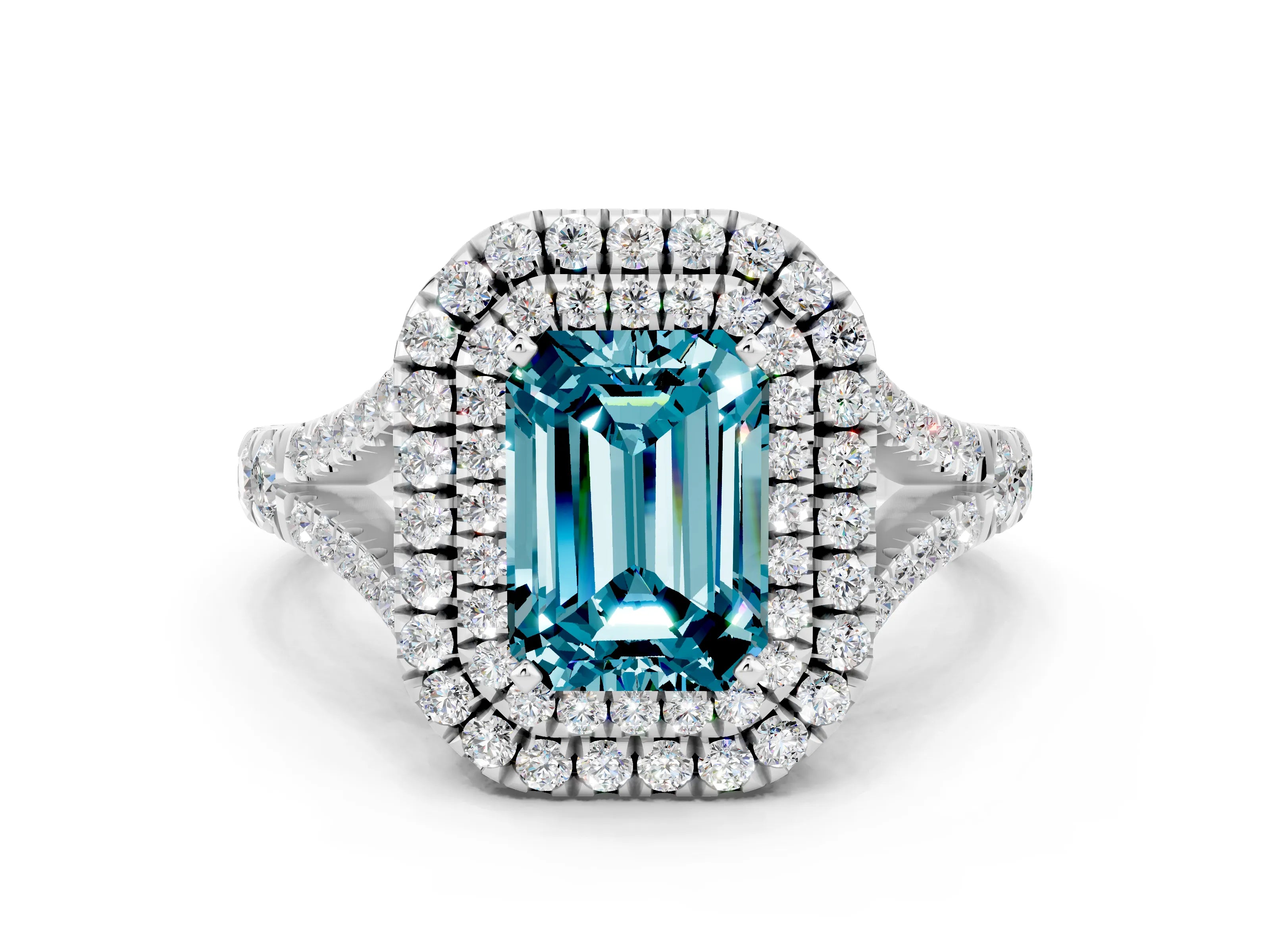 White gold Double Halo Emerald Cut Blue Topaz Split Shank Engagement Ring with Four-Prong Setting