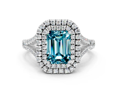 White gold Double Halo Emerald Cut Blue Topaz Split Shank Engagement Ring with Four-Prong Setting