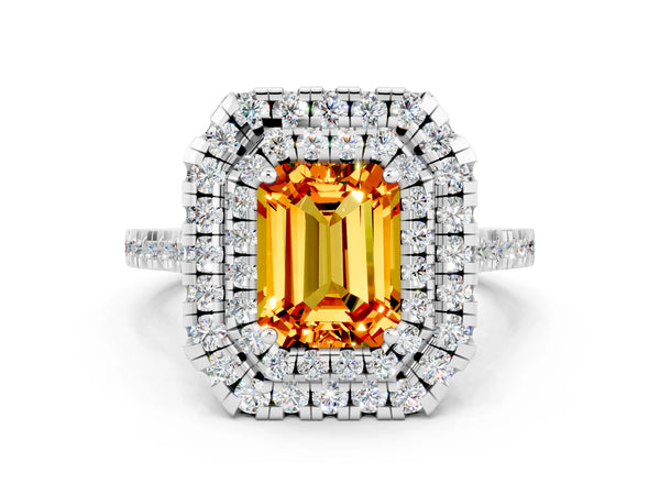 Platinum Double Halo Emerald Cut Citrine Pavé Band with Four-Prong Setting