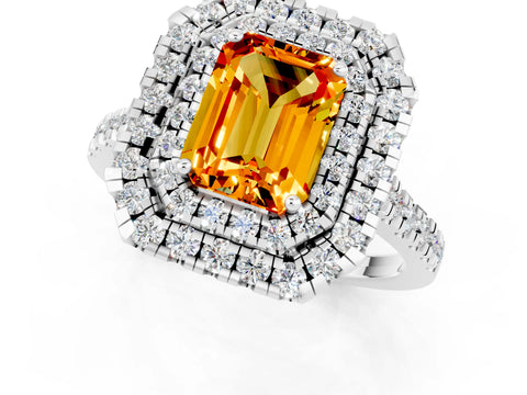 White gold Double Halo Emerald Cut Citrine Pavé Band with Four-Prong Setting_1