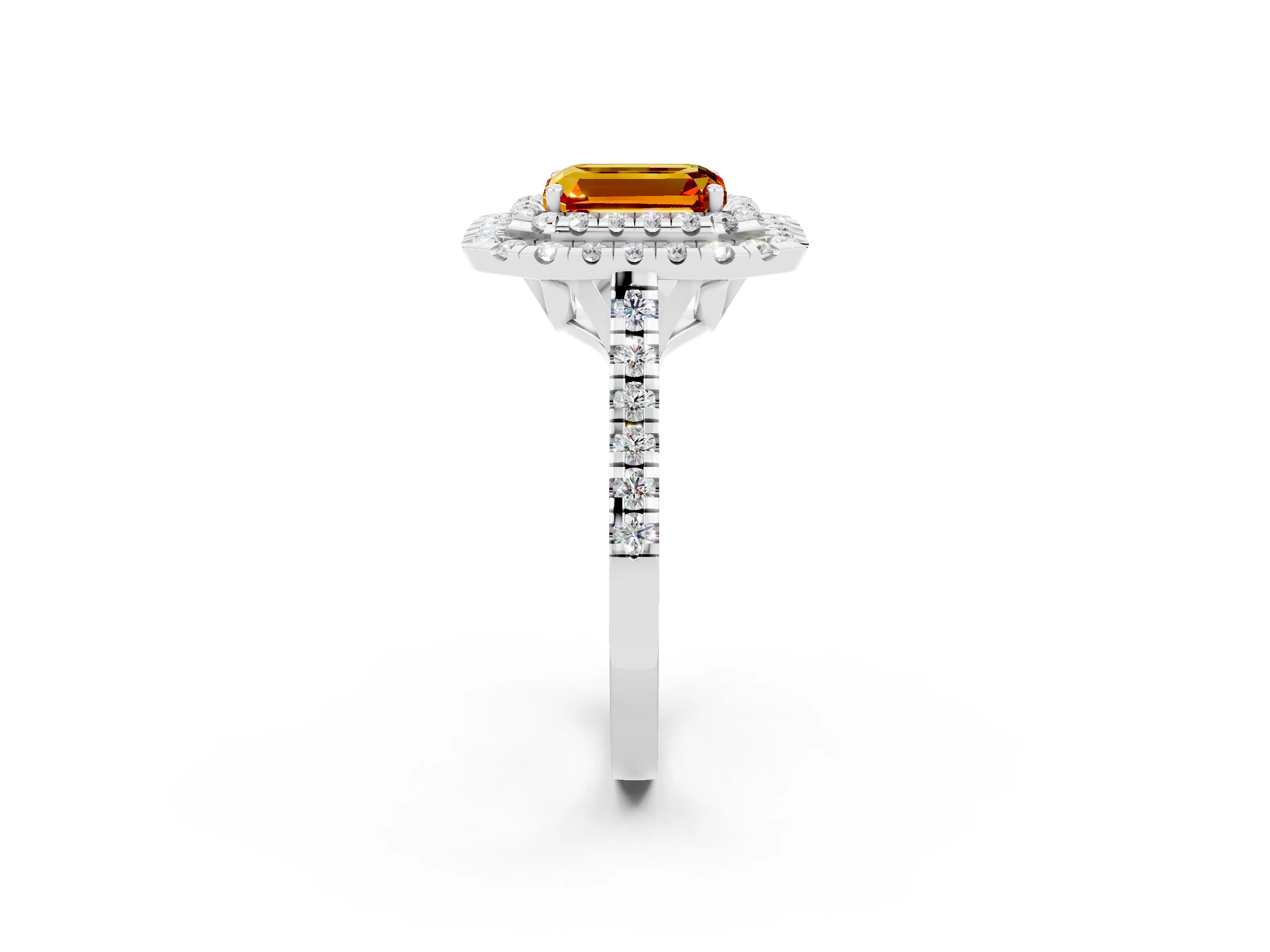 White gold Double Halo Emerald Cut Citrine Pavé Band with Four-Prong Setting_2