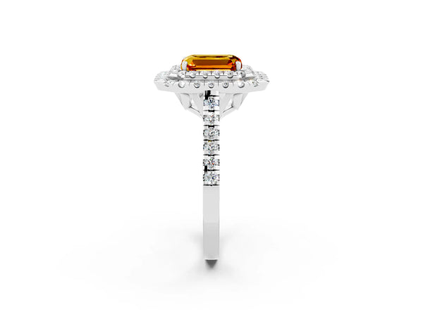 White gold Double Halo Emerald Cut Citrine Pavé Band with Four-Prong Setting