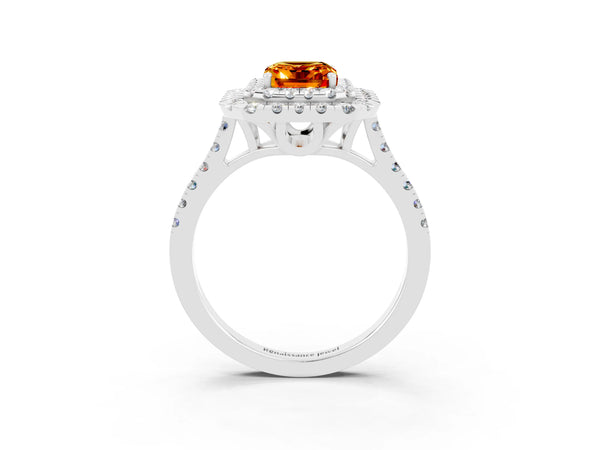 Platinum Double Halo Emerald Cut Citrine Pavé Band with Four-Prong Setting