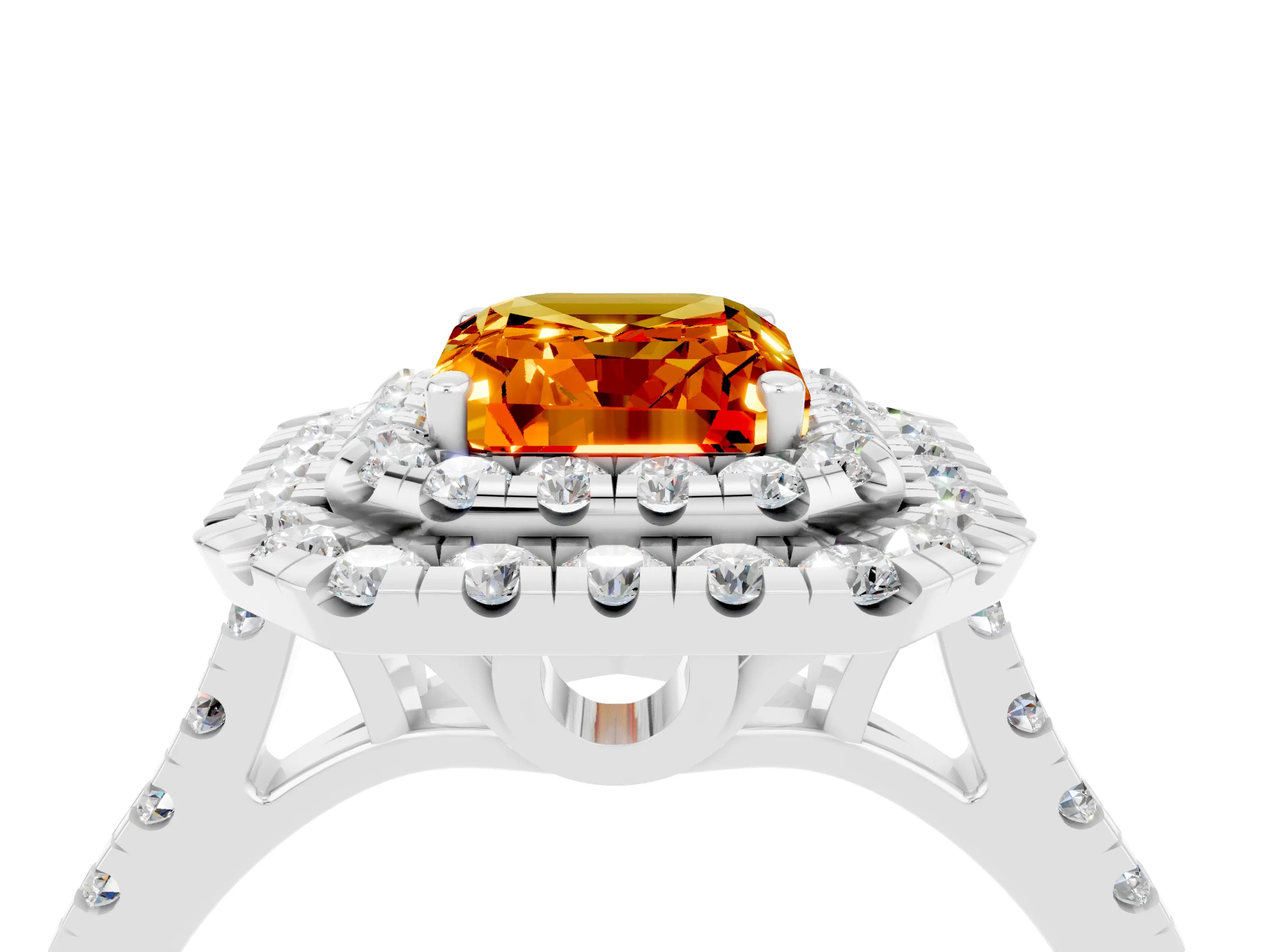 White gold Double Halo Emerald Cut Citrine Pavé Band with Four-Prong Setting_4