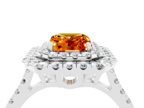 White gold Double Halo Emerald Cut Citrine Pavé Band with Four-Prong Setting_4