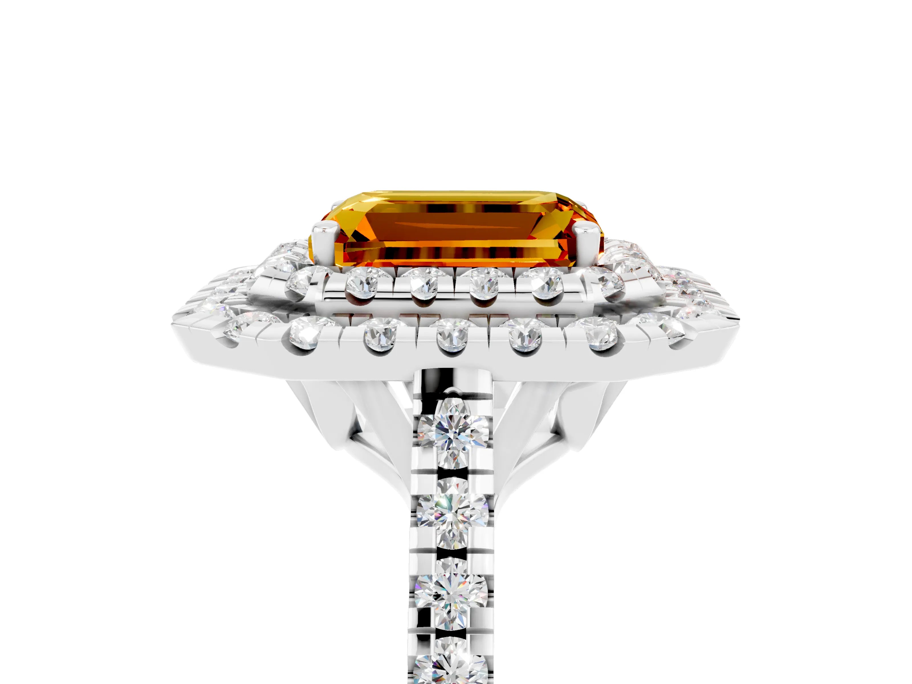 White gold Double Halo Emerald Cut Citrine Pavé Band with Four-Prong Setting_5