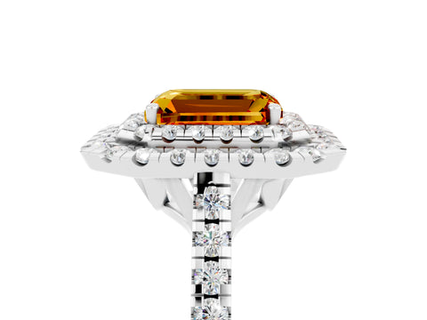 White gold Double Halo Emerald Cut Citrine Pavé Band with Four-Prong Setting_5