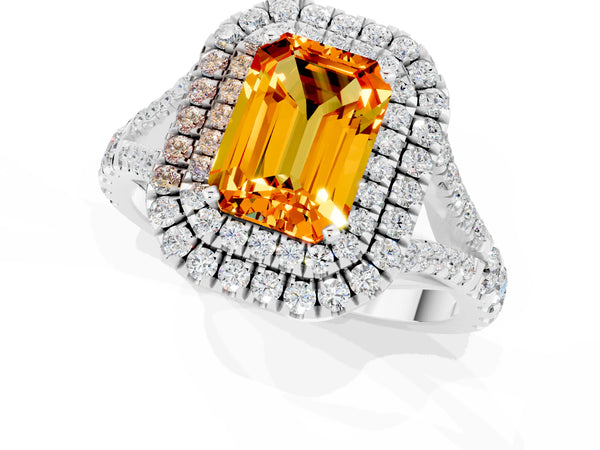 Silver Double Halo Emerald Cut Citrine Pavé Split Shank Ring with Prong Setting