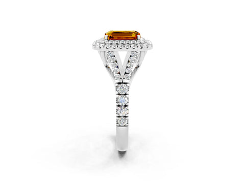 White gold Double Halo Emerald Cut Citrine Pavé Split Shank Ring with Prong Setting_2