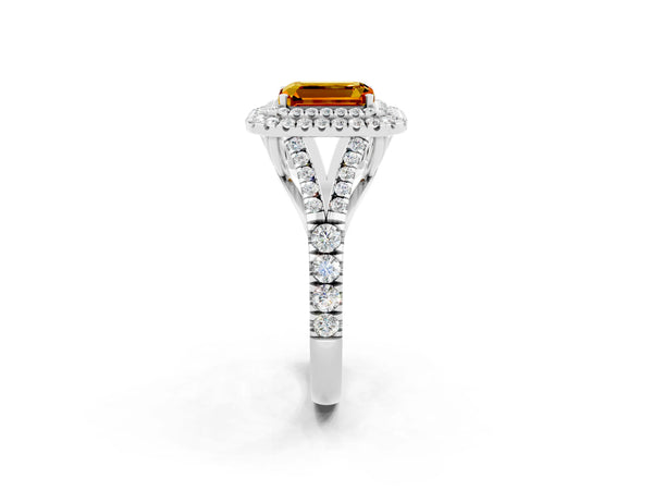 White gold Double Halo Emerald Cut Citrine Pavé Split Shank Ring with Prong Setting