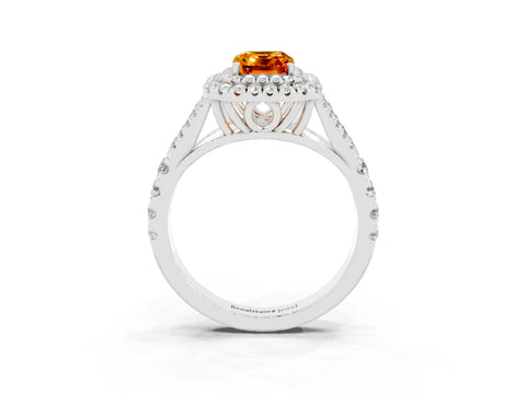 White gold Double Halo Emerald Cut Citrine Pavé Split Shank Ring with Prong Setting_3