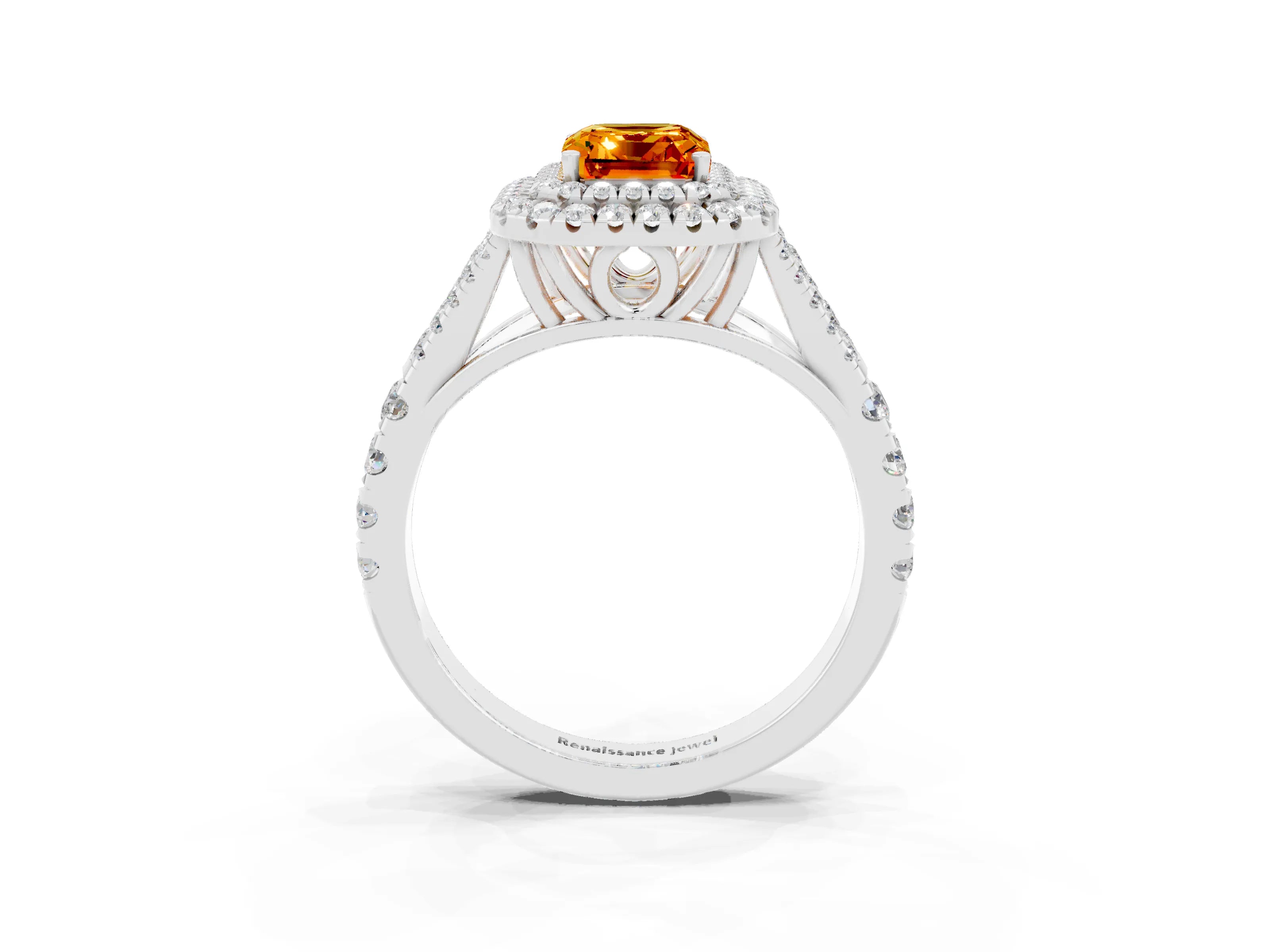 White gold Double Halo Emerald Cut Citrine Pavé Split Shank Ring with Prong Setting_3