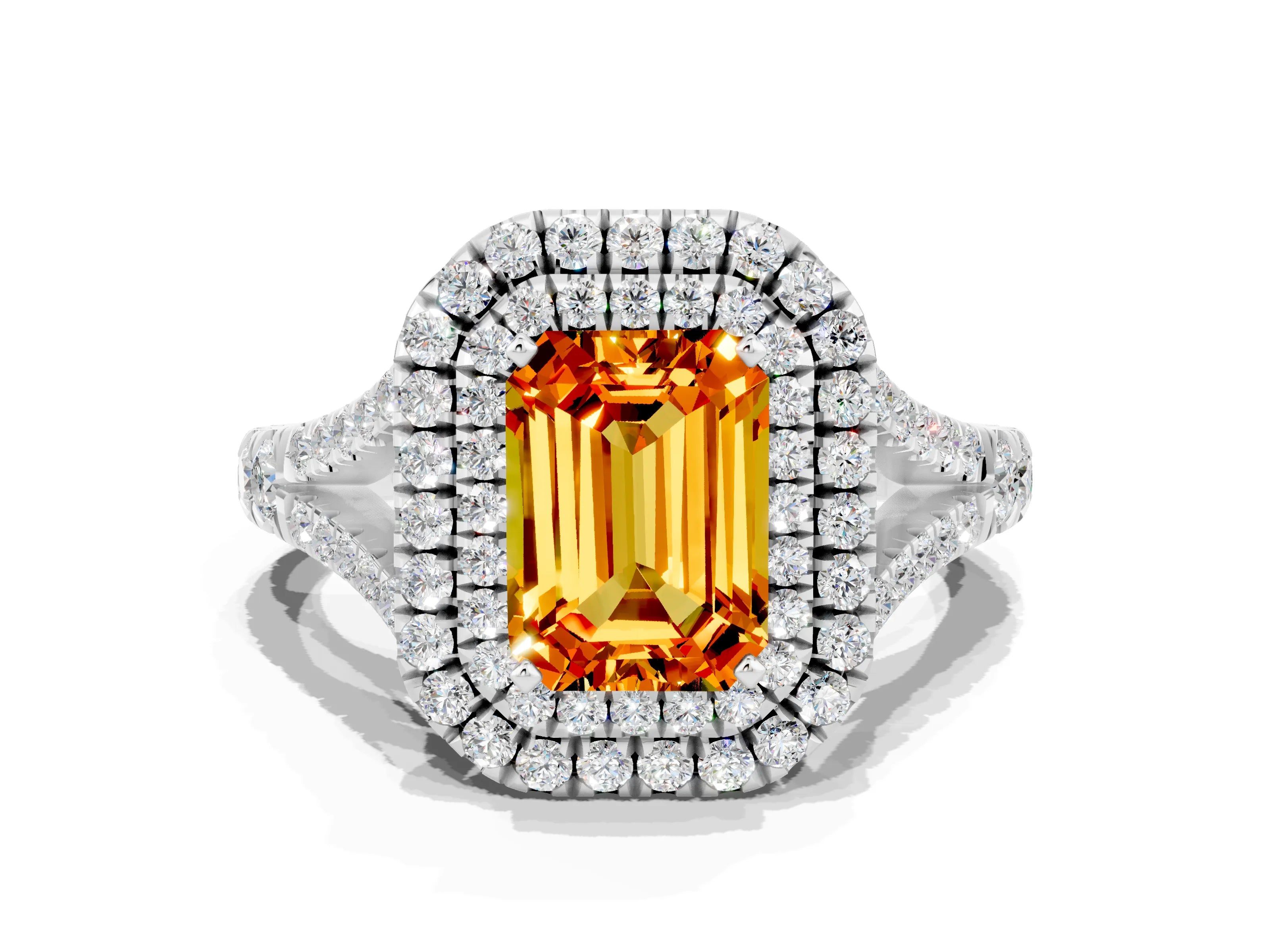 White gold Double Halo Emerald Cut Citrine Pavé Split Shank Ring with Prong Setting