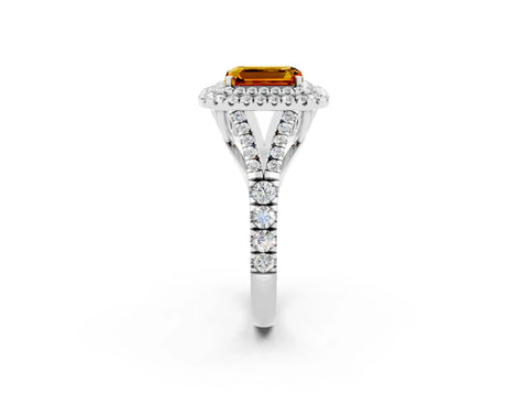 White gold Double Halo Emerald Cut Citrine Split Shank Engagement Ring with Four-Prong Setting_2