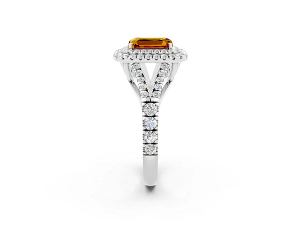 Silver Double Halo Emerald Cut Citrine Split Shank Engagement Ring with Four-Prong Setting