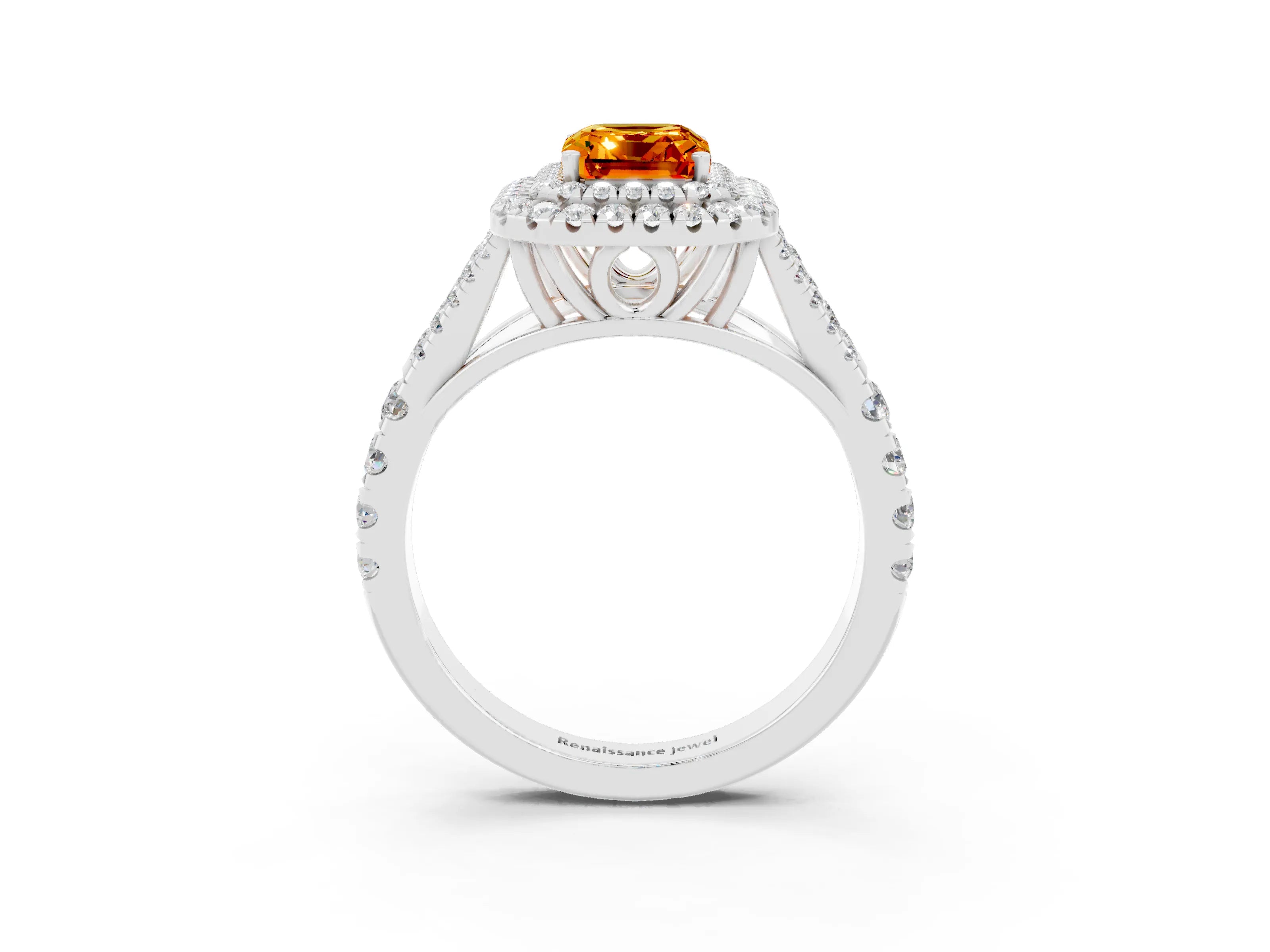White gold Double Halo Emerald Cut Citrine Split Shank Engagement Ring with Four-Prong Setting_3