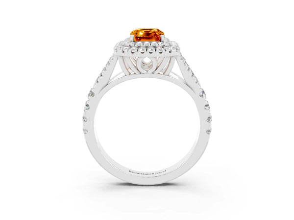 Silver Double Halo Emerald Cut Citrine Split Shank Engagement Ring with Four-Prong Setting