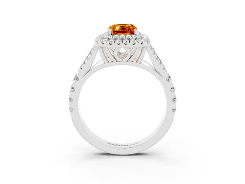 White gold Double Halo Emerald Cut Citrine Split Shank Engagement Ring with Four-Prong Setting_3