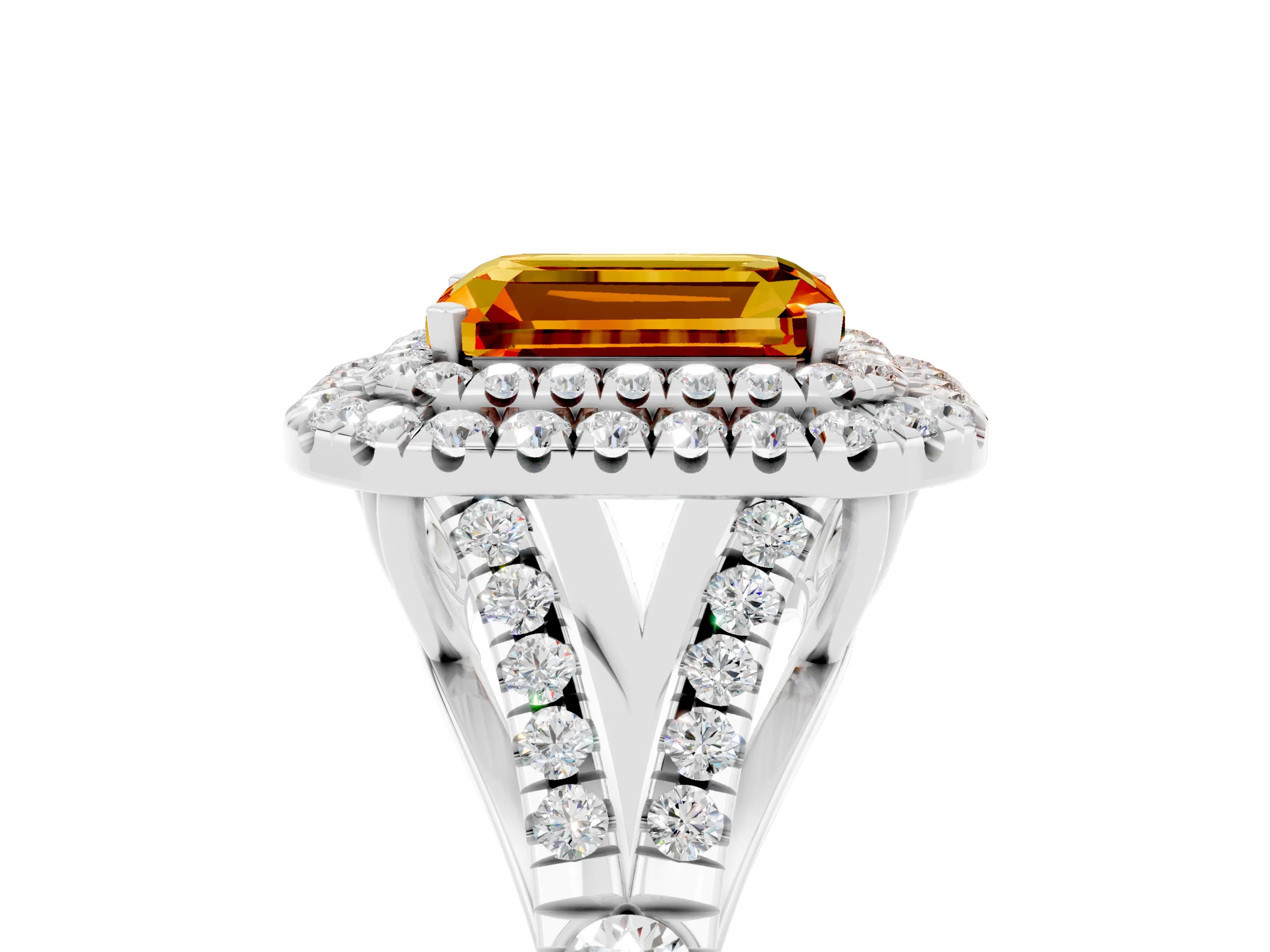 White gold Double Halo Emerald Cut Citrine Split Shank Engagement Ring with Four-Prong Setting_5