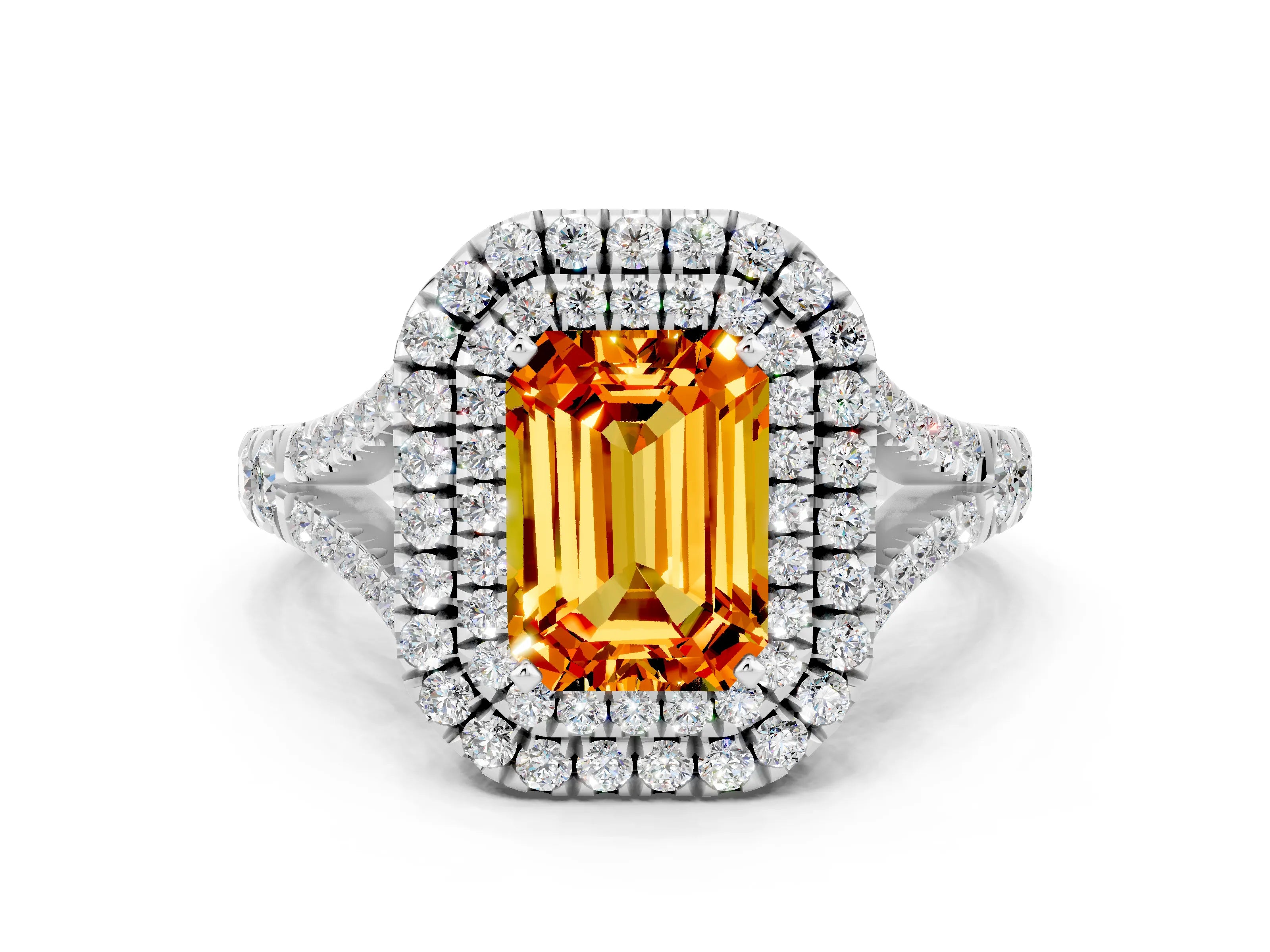 White gold Double Halo Emerald Cut Citrine Split Shank Engagement Ring with Four-Prong Setting