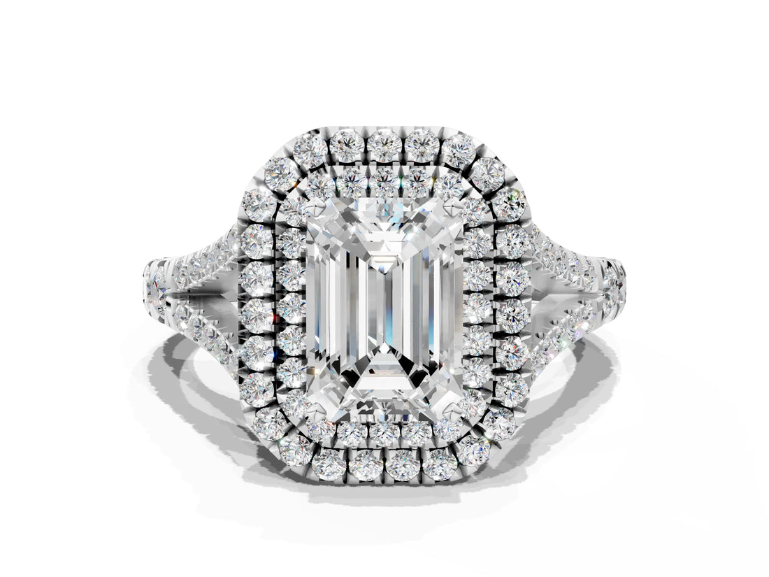 White gold Double Halo Emerald Cut Diamond Split Shank Engagement Ring with Four-Prong Setting_3