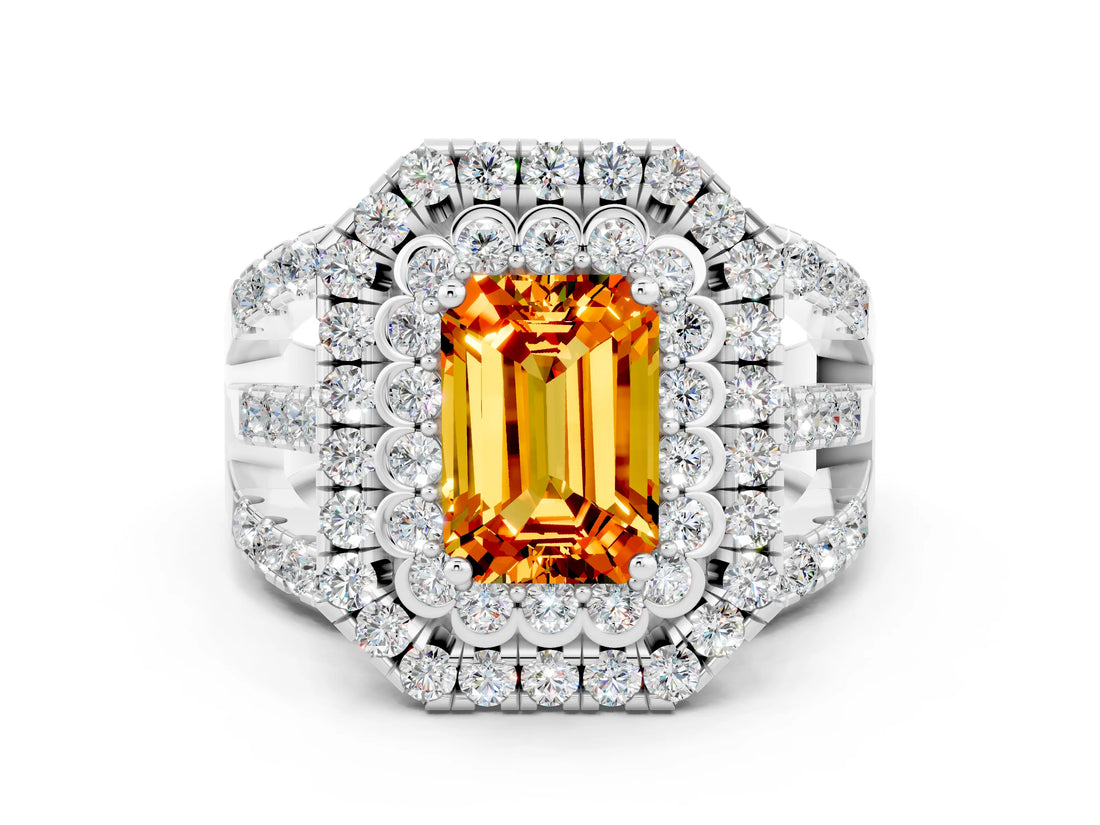 White gold Double Halo Emerald Cut Diamond Split Shank Pave Set Ring