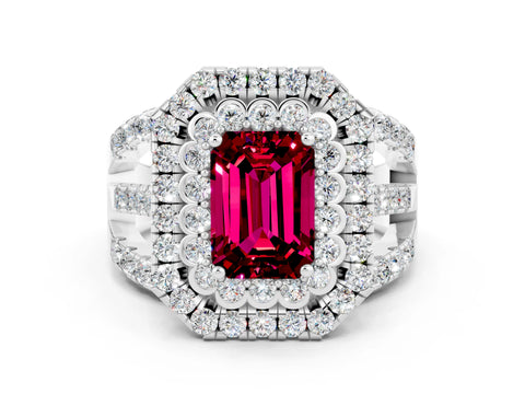 White gold Double Halo Emerald Cut Diamond Split Shank Pave Set Ring