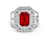 White gold Double Halo Emerald Cut Diamond Split Shank Pave Set Ring