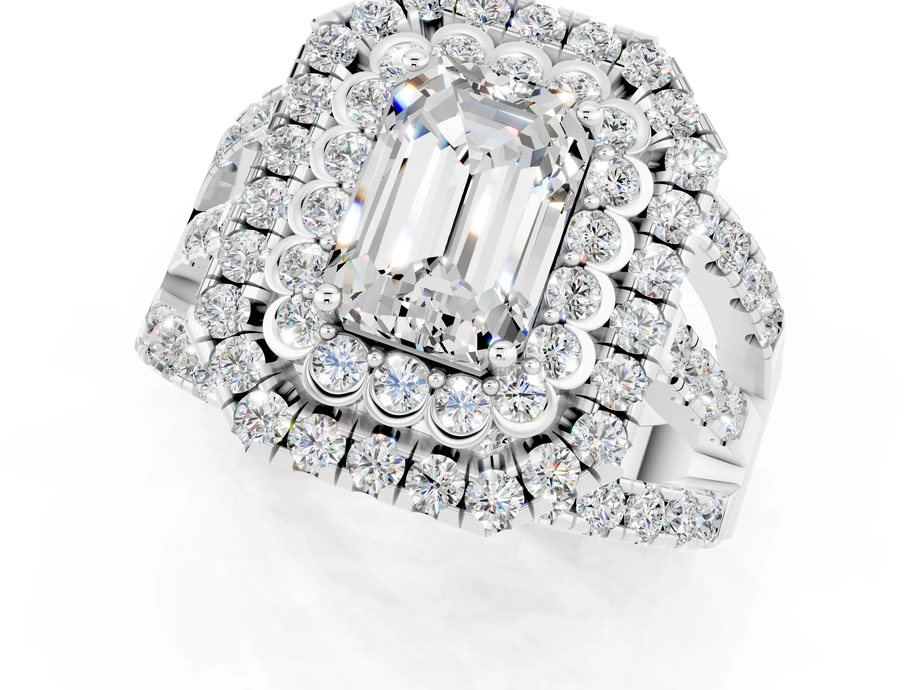 White gold Double Halo Emerald Cut Diamond Split Shank Pave Set Ring_1