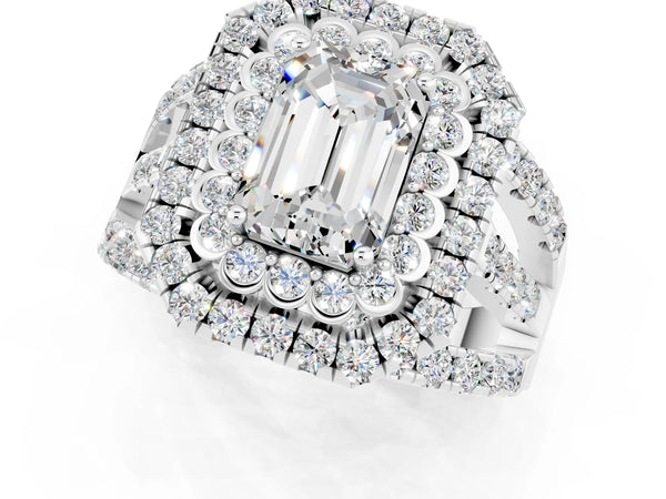 Platinum Emerald Cut Moissanite Double Halo Ring with Round Pavé Split Shank and Prong Setting
