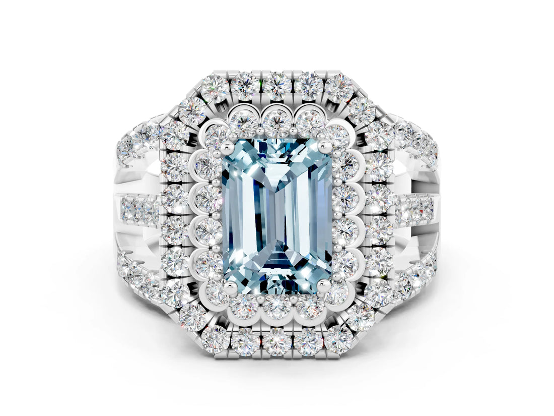 White gold Double Halo Emerald Cut Diamond Split Shank Pave Set Ring